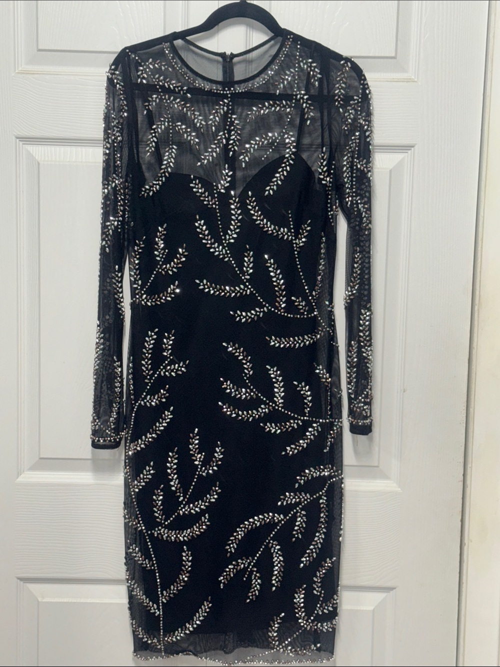 Vintage Betsy & Adam Beaded Mesh Cocktail Dress Black Silver Y2K Dress
